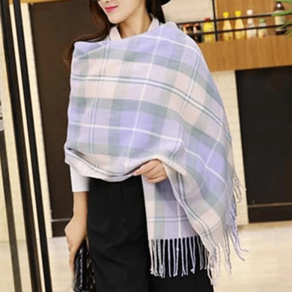 

Soft Classic Plaid Scarf Contrast Color Cold-proof Knitted Wool Shawl Polyester Acrylic Fibers Long Neckscarf with Tassel Autumn