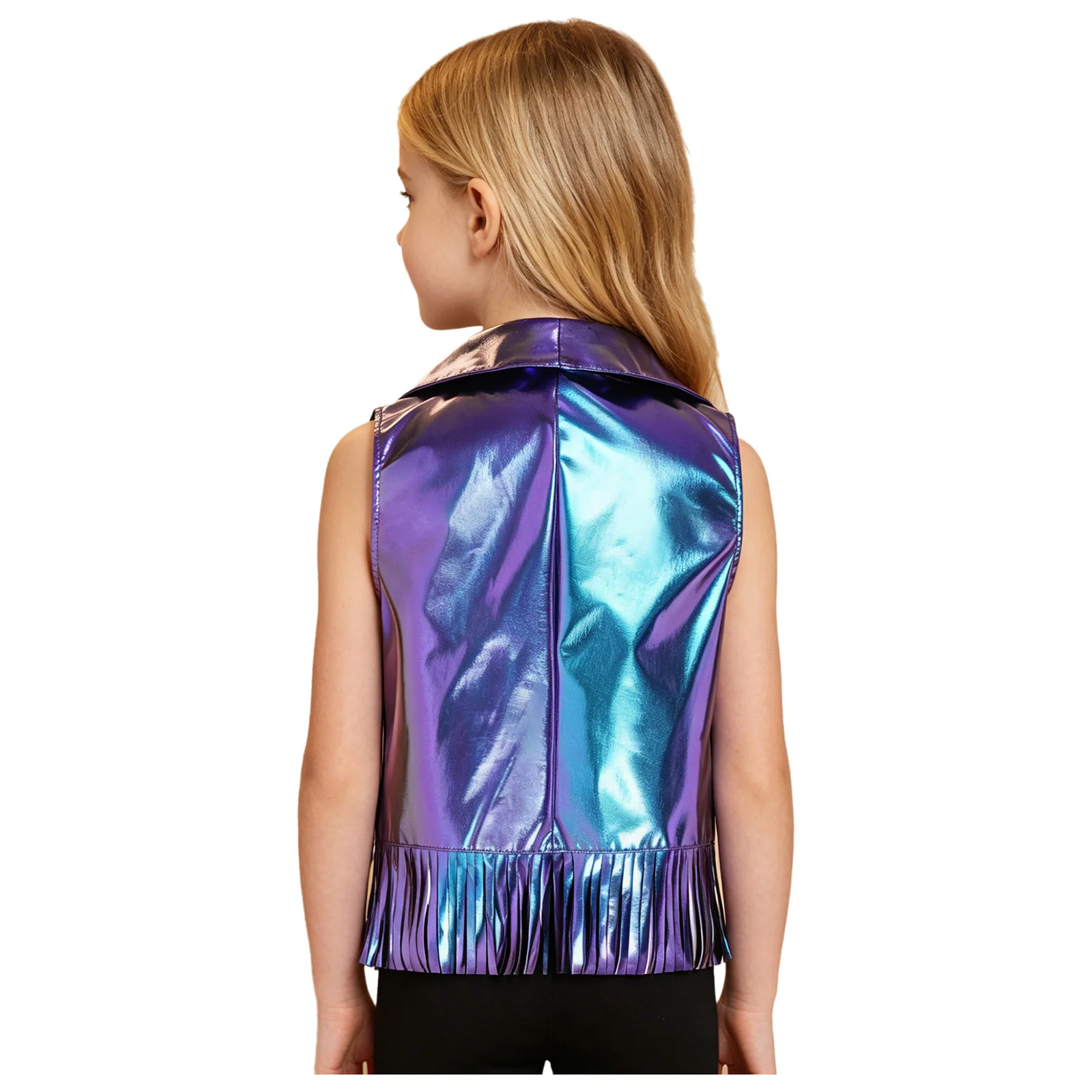 Kid Boys Girls Metallic Shiny Hip-hop Jazz Dance Vest Jacket Street Disco Performance Waistcoat Lapel Open Front Tassel Tank Top