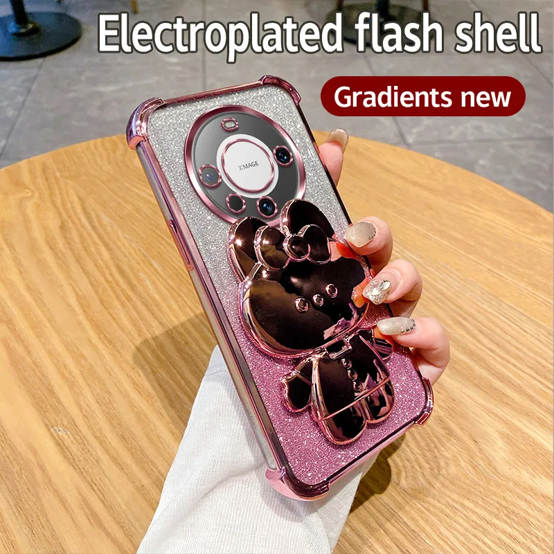 

Cover For Huawei Mate 70 60 50 40 30 ProPhone Case Pink Glitter Rabbit Mirror Stand Four Corner Anti-Shock Case Mate 70Pro Funda