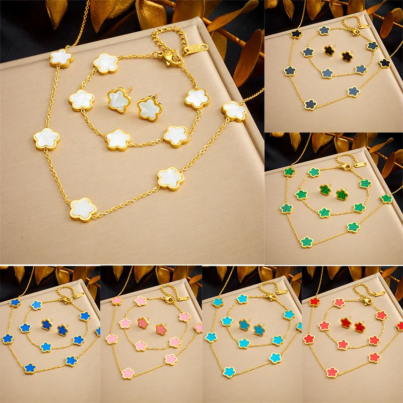 Clover Five Leaf Flower Stainless Steel Bracelet Necklace Earrings Jewelry Set Luxury for Women High Quality Party Jewelry Gift