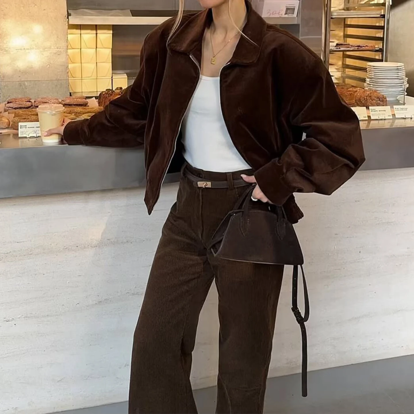 2025 Autunno delle nuove donne Faion Personali Semplice Pendolarismo Velluto a coste Jaet Capispalla Z Stand Fit Lungo Sve Cerniera