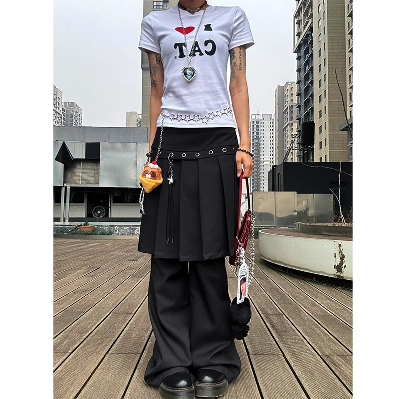

American style retro layered dress pants fake two pieces women autumn new pleated skirt fart curtain design sense pants