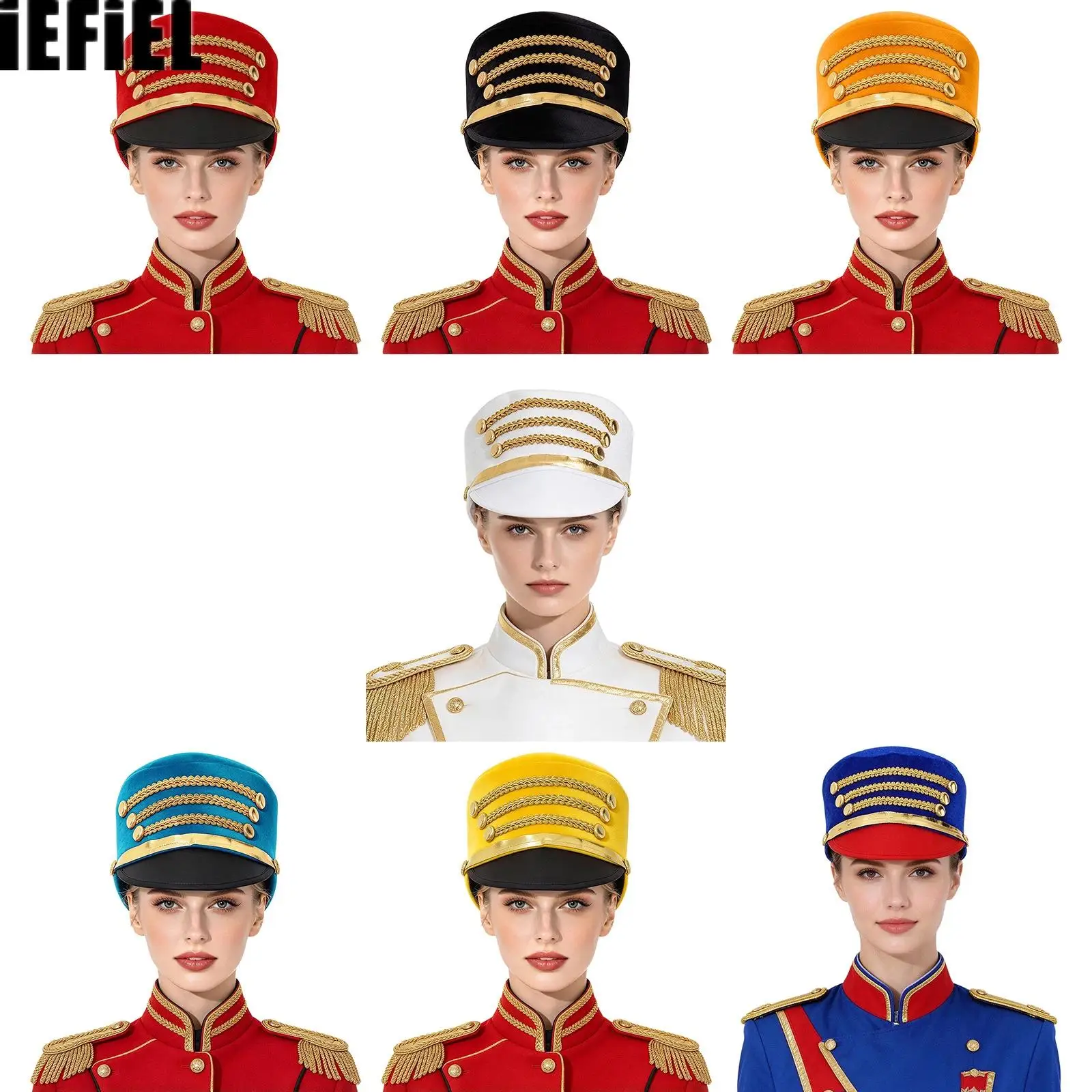 Adults Majorette Hat Gold Braids Metallic Trim Velvet Cap Costume Accessory for Halloween Themed Party Cosplay