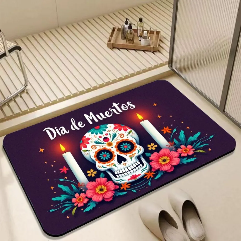 

VIKAMA Halloween Theme Carpet Floral Skull Pattern Non Slip Water Absorbent Wear Resistant Entrance Bathroom Decorative Mats