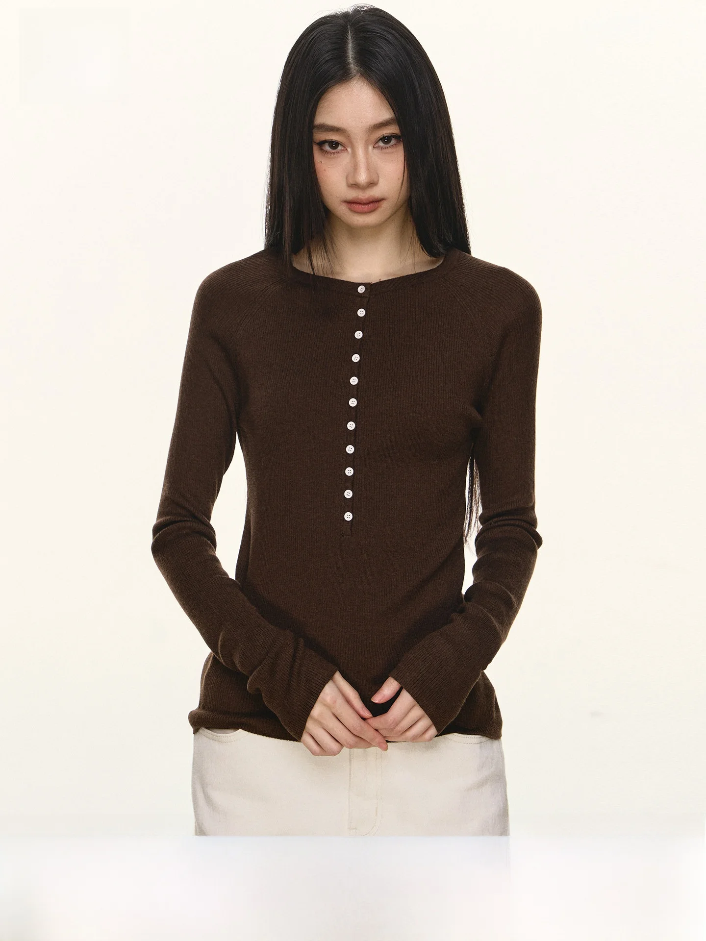 

Женский вязаный шерстяной топ Anna Aneae с длинными рукавами и круглым вырезом, на нескольких пуговицах, универсальный, для осени и зимы