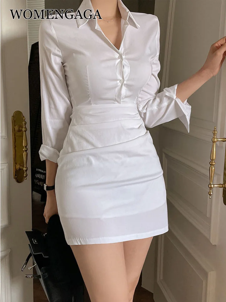 Sexy Polo Elegant WOMENGAGA White Mini Dress Goddess High Waist Slim Shirt Long Sleeve Tight Hip Dresses OL Sexy Korean 36KD