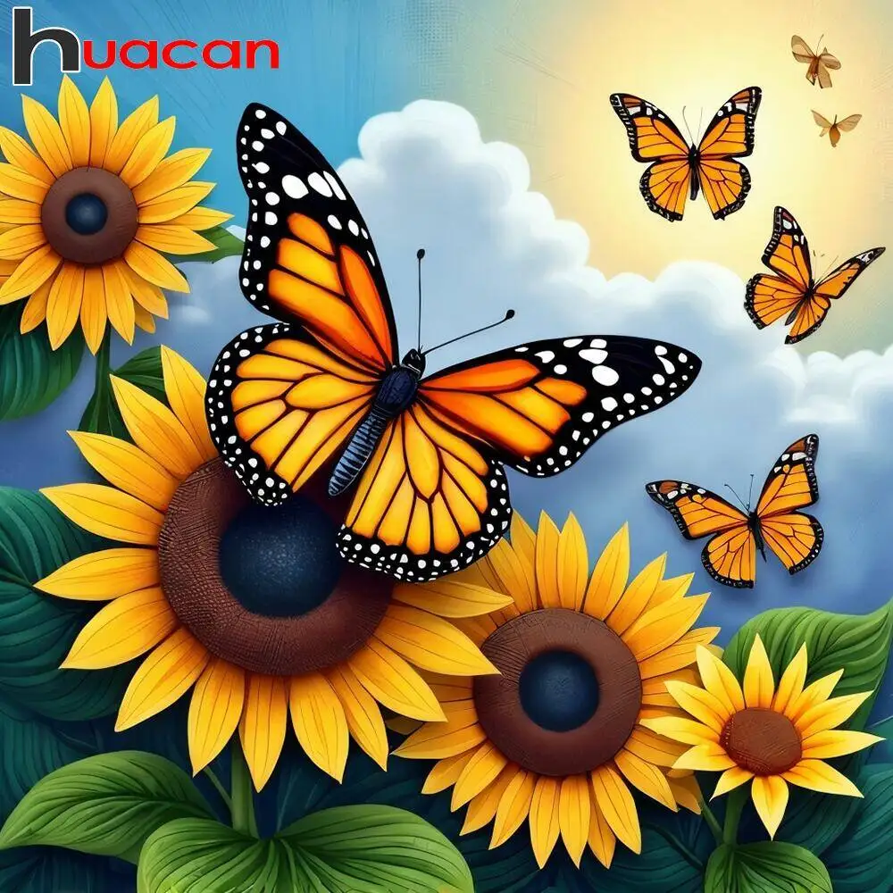 Huacan الماس اللوحة مجموعة كاملة عباد الشمس فراشة كامل مربع جولة الماس الفسيفساء الأزهار ديكور المنزل
