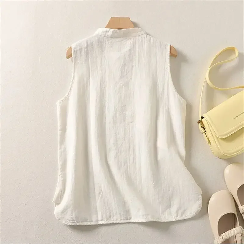 

Limiguyue, хлопково-льняной жилет в китайском стиле, женская летняя блузка без рукавов, ретро-пряжка, воротник-стойка, разделенная льняная рубашка, мягкий RERF