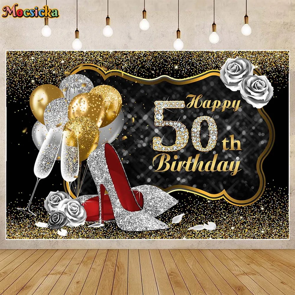 

Mocsicka Gold Silver Glitter Birthday Background High Heel Balloons Women Happy 50th Birthday Party Decor Backdrop Custom Banner