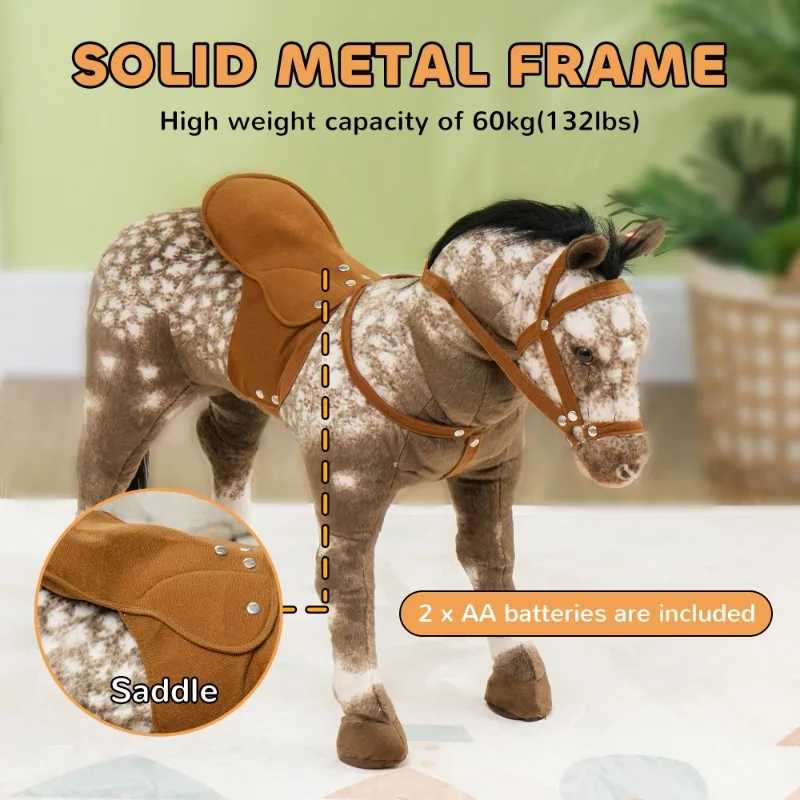 Ride on Horse, Riding Horse with Neighing Sound, Saddle, Stirrups, Ride on Animal for Kids Boys Girls 3-8 Years Old, Brown