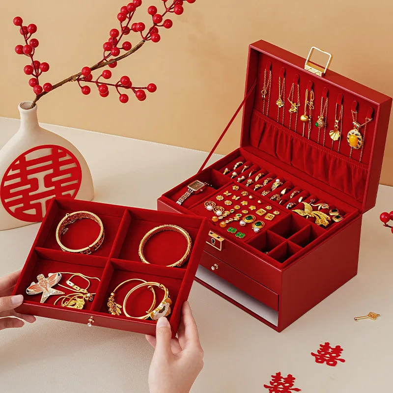 

Модная рождественская подарочная коробка, шкатулка для драгоценностей, праздничная красная многослойная шкатулка для хранения ювелирных изделий для колец, ожерелий и других украшений.