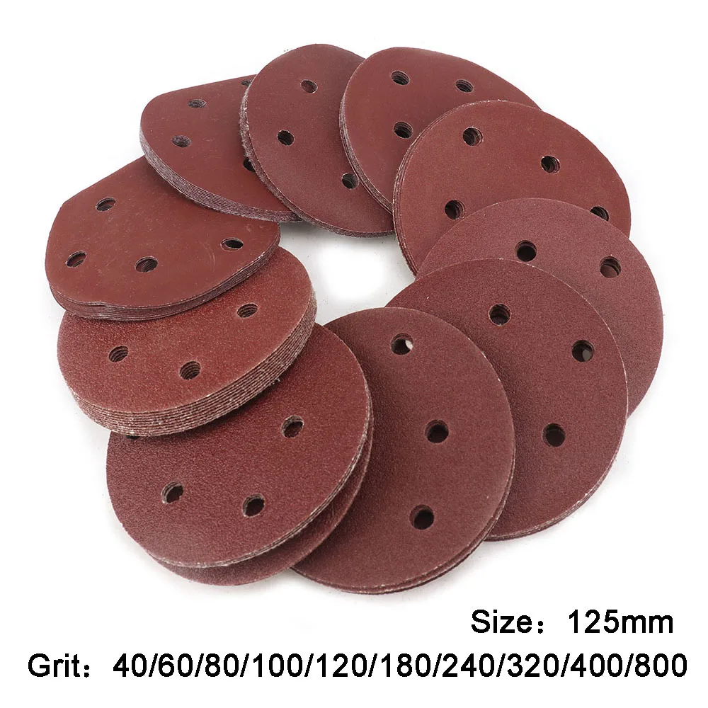 100 sztuk papier ścierny okrągły kształt tarcze szlifierskie 125mm Hook Loop papier ścierny polerowanie arkusz papieru ściernego 6 Hole Sander nakładka polerska