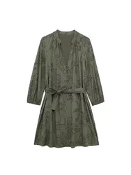 HH Spring Women's Vintage Solid Shirt Dress Puff Sleeve Short Dress V-Neck Female Hollow Embroidery Casual Belt Dresses