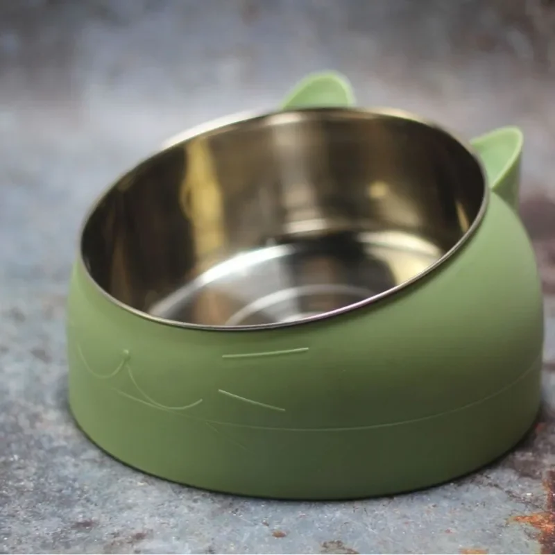 1pc Stainless Steel Cat Lovely Creative Inclined Kitten Puppy Food Feeding Bowls Cats Drinking Feeder Pet Dogs