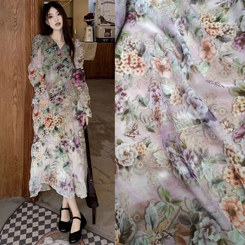 Flowers Painting Silk Chiffon Fabric 3meters Crinkled Real 100% Mulberry Silk Georgette Cloth crepe gauze Wholesale and retail