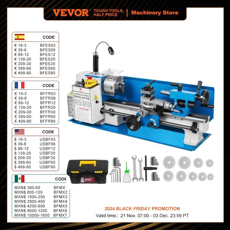 VEVOR Metal Lathe 7x14 / 7x12 inch Precision Bench Top 550W Variable Speed 50-2500 / 0- 2250 RPM Nylon Gear with A Movable Lamp