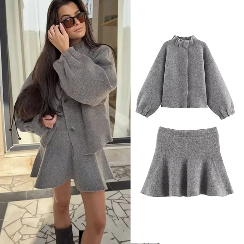 Tidalyf 2025 Women Knit Bomber Jacket and Skirt Set Long Sleeve Ruched Hem Hidden Button Elegant Chic Autumn Outfit