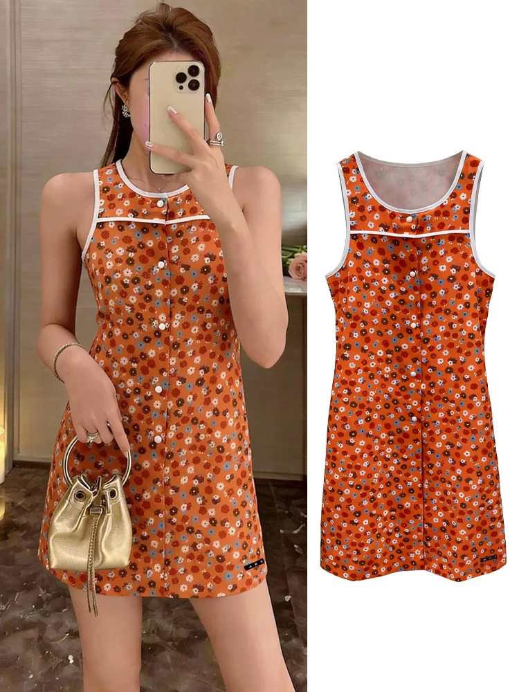 

Высококачественное оригинальное платье с цветочным принтом без рукавов в отпускном стиле от Дженни Чжан Ин, новая летняя оранжевая юбка А-силуэта из мягкого полиэстера