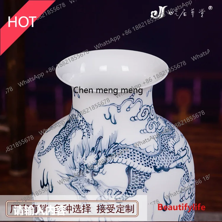 M45 Hand painted blue and white dragon pattern winter melon vase Jingdezhen ceramic small vase blue and white porcelain