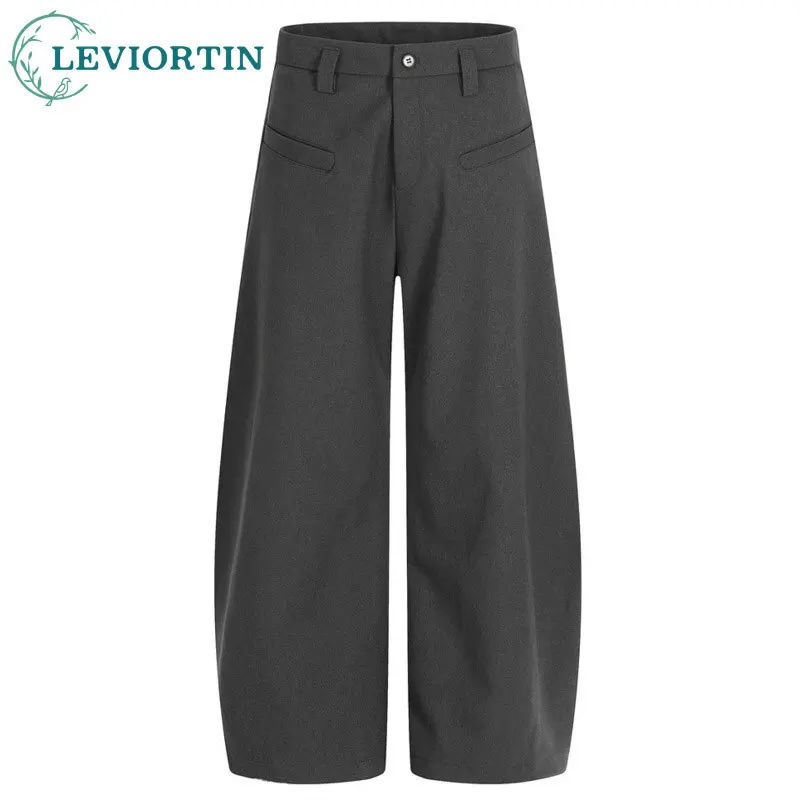 

Men's fashion retro suit pants trendy brand personalized pocket design sense solid color loose curved knife casual pants