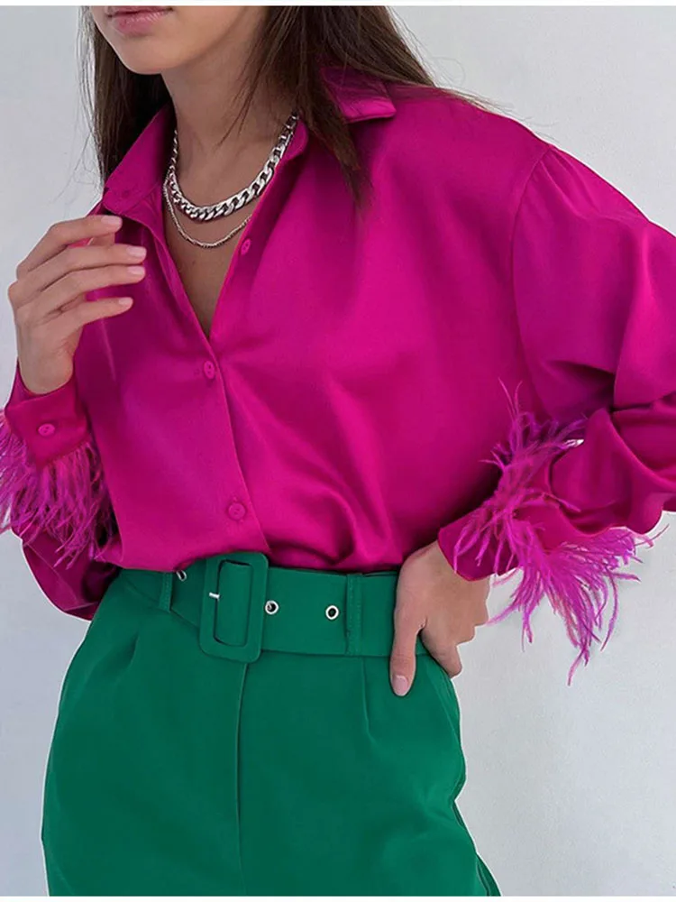 Elegant Shirts Blouses Women Spring Summer Long Sleeve Spliced Feathers Solid Ladies Tops Office Lady Silk Satin Casual Blouses