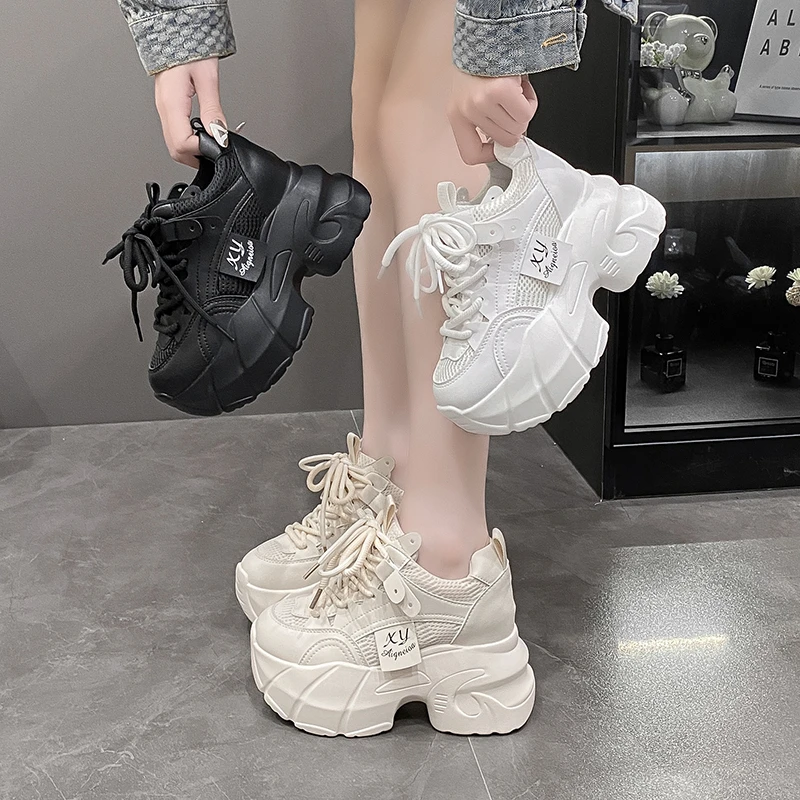 9.5CM New Platform Shoes for Women Mesh Breathable Chunky Sneakers High Platform White Tennis Shoes Increase Casual Sport Shoes