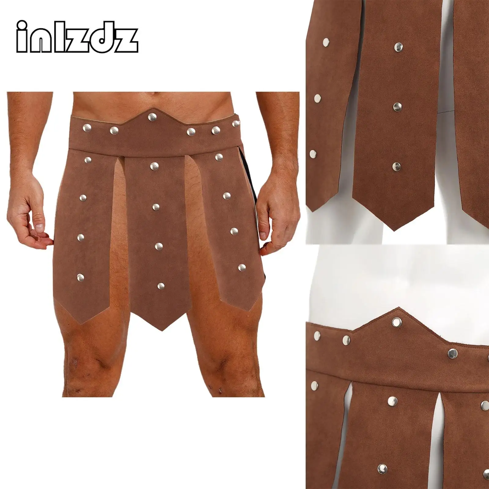

Men Ancient Roman Knight Skirt Halloween Cosplay Party Costume Rivets Split Hem Faux Suede Armor Skirt Gladiator Warrior Costume