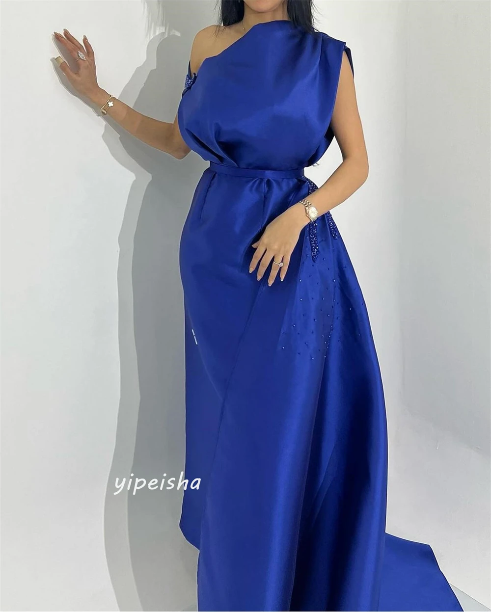 Prom Dress Saudi Arabia Satin Beading Draped Clubbing A-line One-shoulder Bespoke Occasion Gown Long Dresses