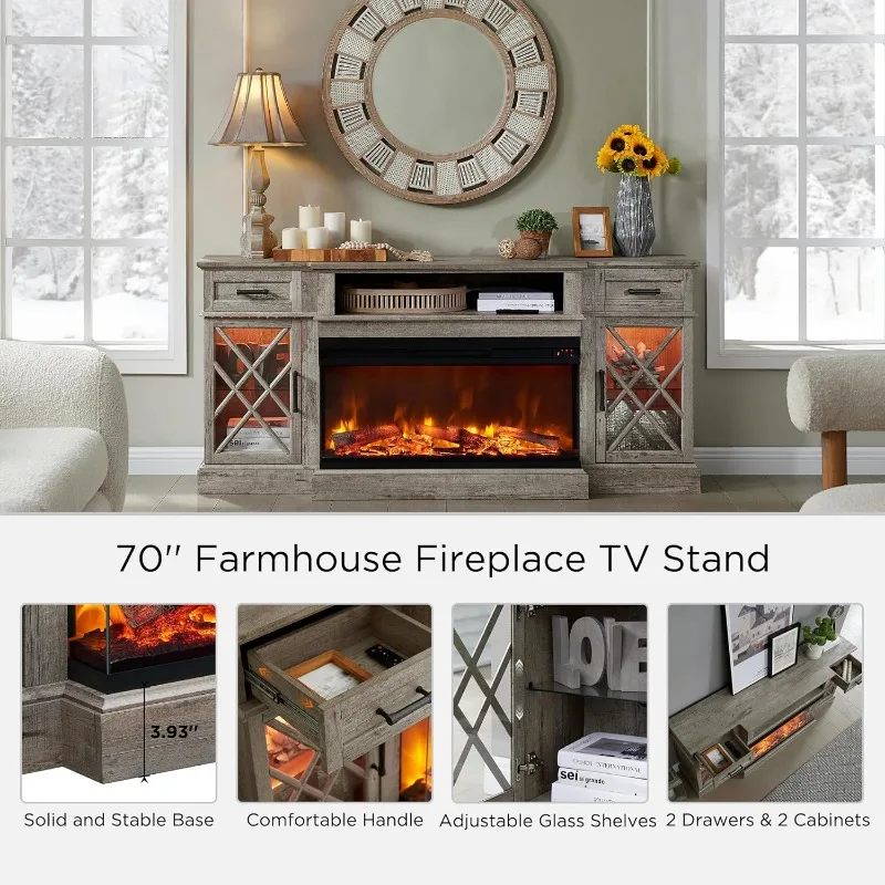 3-Sided Glass Farmhouse Fireplace TV Stand for TVs up to 80'', Highboy Entertainment Center with Glass Door Storage Cabinet, 70