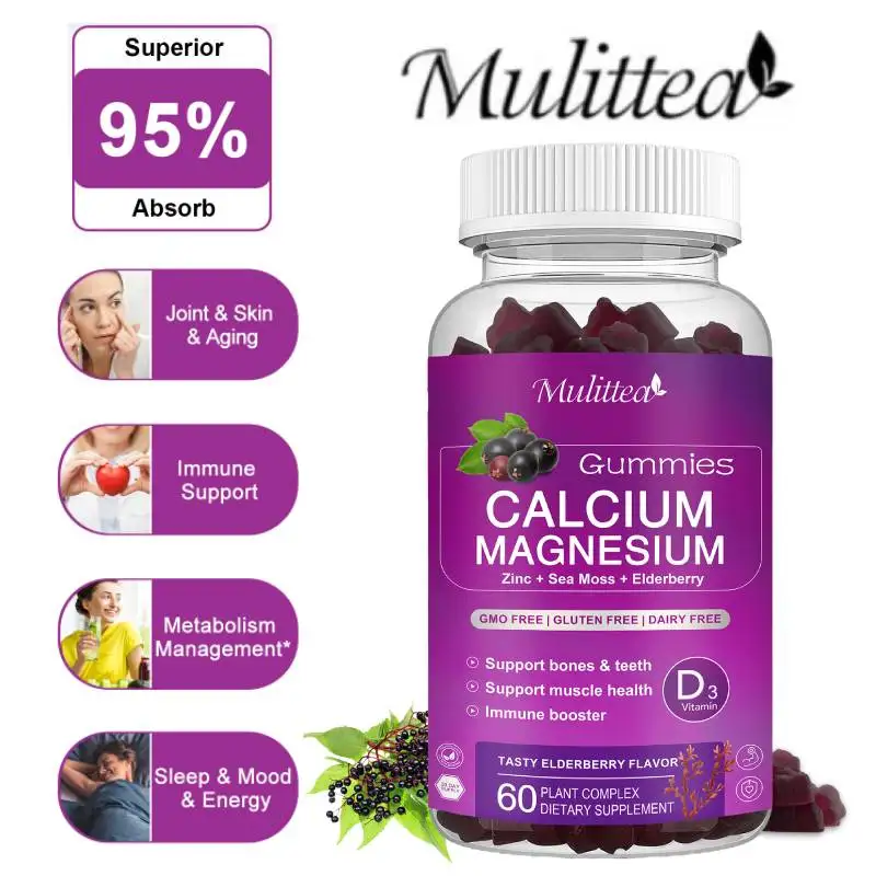 

Mulittea Calcium Magnesium Gummies with Zinc & Sea Moss, Elderberry Complex Supplement for Strong Bones &Teeth, Easy To Absorb