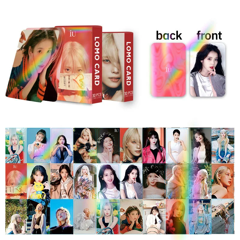 30Pcs/Set IU Holographic Laser Lomo Cards Lee Ji Eun Double Sides Photocards Fashion Selfie Ins Postcards Fans Collectibles Gift