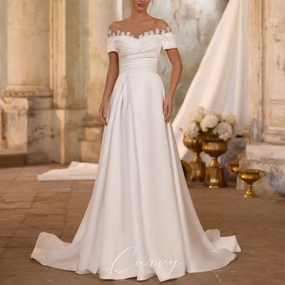 Vestido de Novia Curvy con Hombros Descubiertos, Floral 3D, de Satén, Corte A, con Cola, Personalizado para Mujer 2026