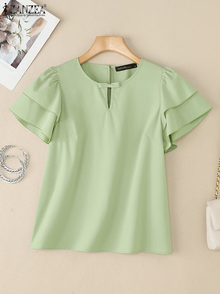 

ZANZEA Cutout O-Neck Commuting Blouses Fashion Women Elegant Day Wear Tops Bow Detail Sold Color Ruffles Sleeve Blusas Mujer