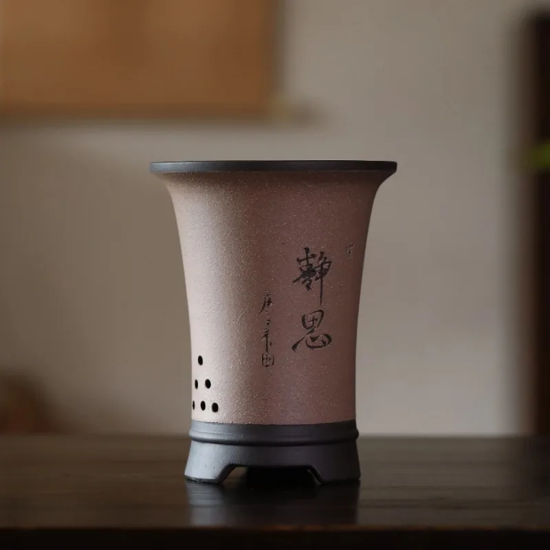 

Chinese Carved Pattern Flower Vase, Purple Sand Bonsai Pot, Traditional Garden Decoration