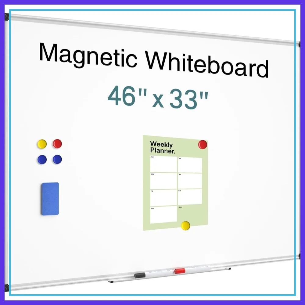 

Magnetic Dry Erase Whiteboard 46x33 Inch, Large Wall-Mounted Board with Silver Aluminum Frame, Eraser, Pens, Tray & Magnets