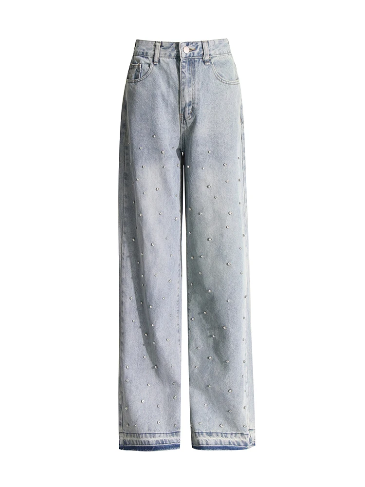 GALCAUR Spliced Botton Trousers For Women High Waist Patchwork Diamonds Denim Pants Fashion Loose Female Casual Clothing 2024