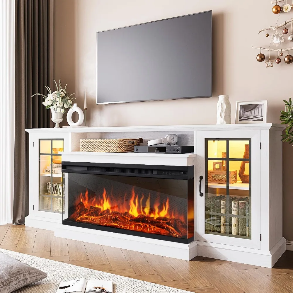 70 Inch TV Stand, 3-Sided Glass TVs Stands with 36 Inch Fireplace for TVs up to 80