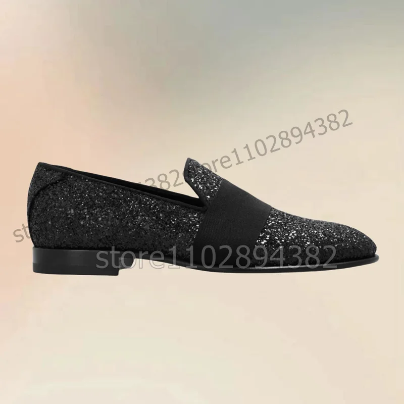 Mocassins de lantejoulas pretas masculinas, decoração riband, sapatos baixos, sapatos artesanais de luxo masculino, banquete de festa, vestido de casamento, moda slip-on