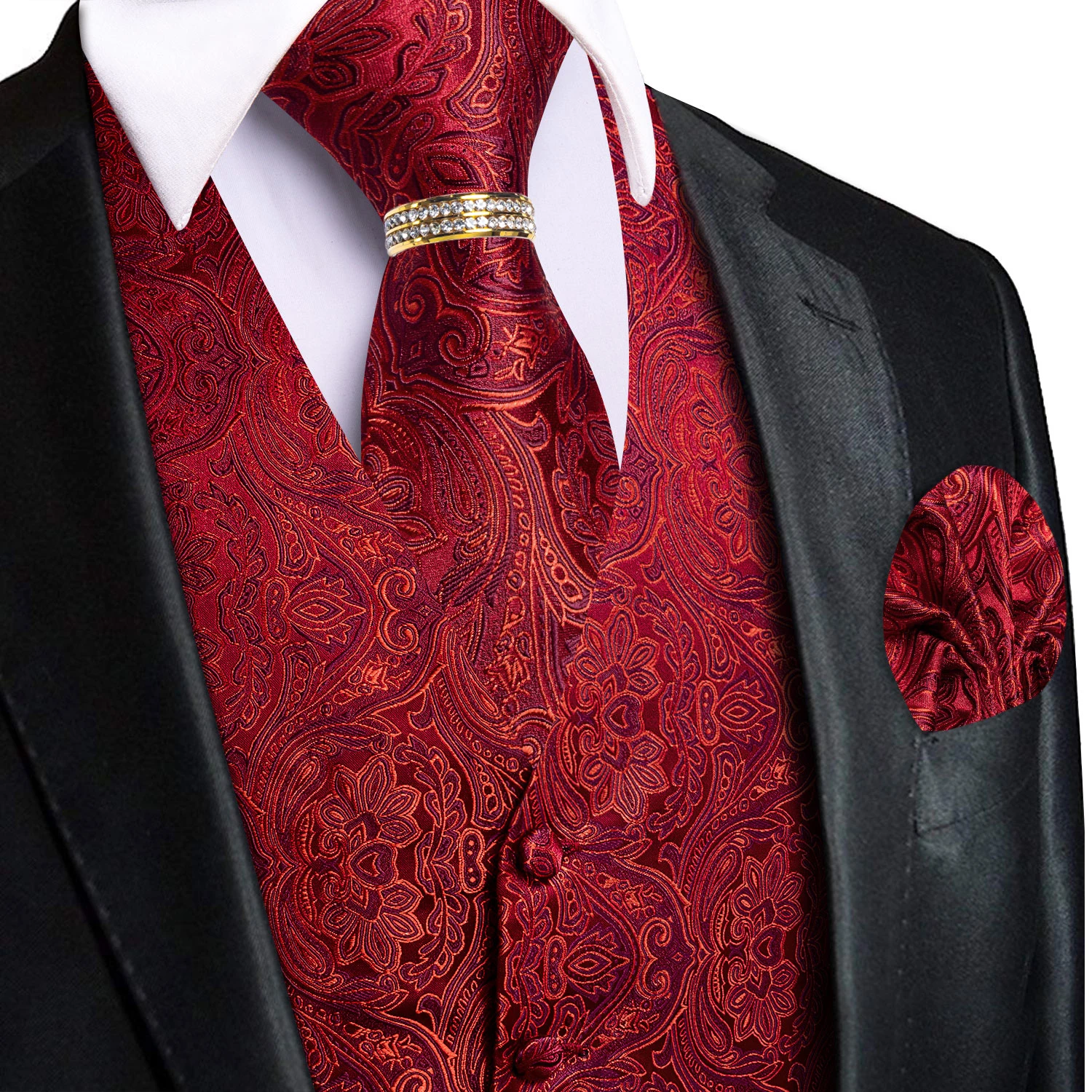 Burgundy Paisley 5-Piece Waistcoat Set for Men, Vest Tie Hanky Cufflinks Ring, Formal Suit Wear Wedding Banquet