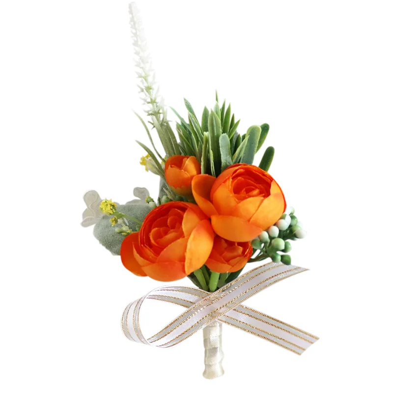 Oranje Kunstmatige Rose Bloemen Boutonniere Pols Corsage Bruidsmeisje Bruidegom Bruiloft Accessoires Novio Bruidsjonkers