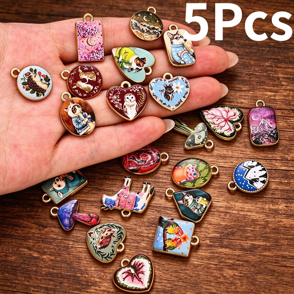 5Pcs Mix Enamel Printed Charms Mushroom Heart Pendant for Jewelry Making Diy Necklace Bracelet Earring Craft Accessories