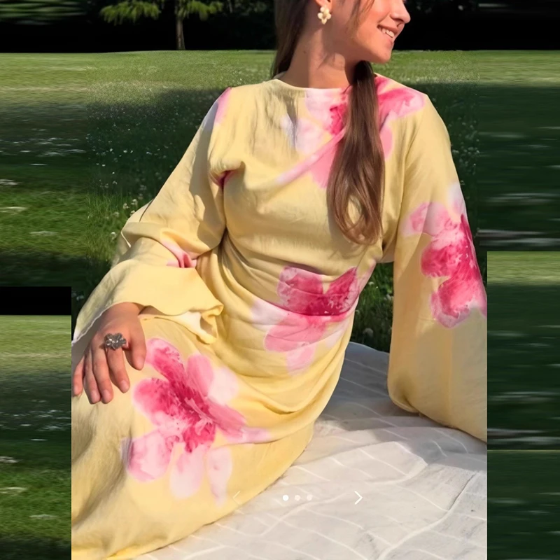 Jesienna Sukienka Damska Casual z Nadrukiem Boho Dekolt O Długi Rękaw Kwiatowa Żółta Sukienka Plażowa Wakacyjna Sukienka Damska na Imprezę Letnia