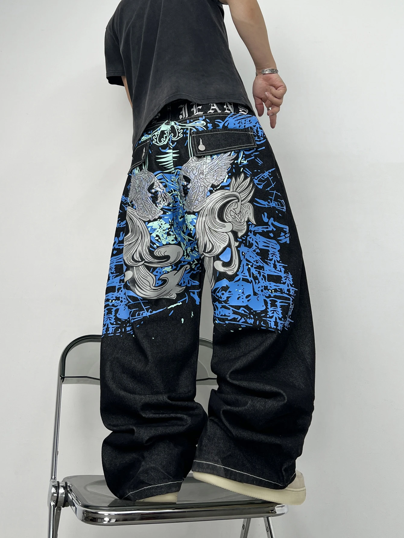 American Street-Style Graffiti Print Embroidered Black Baggy Jeans Men Y2K Trendy Wide-Leg Straight Pants