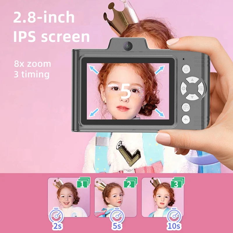 Câmera infantil 1080p, 48mp, lentes duplas, zoom óptico 8x, mini câmera ccd, tela tft de 2,8 polegadas, ótimo presente para meninos e meninas-preto