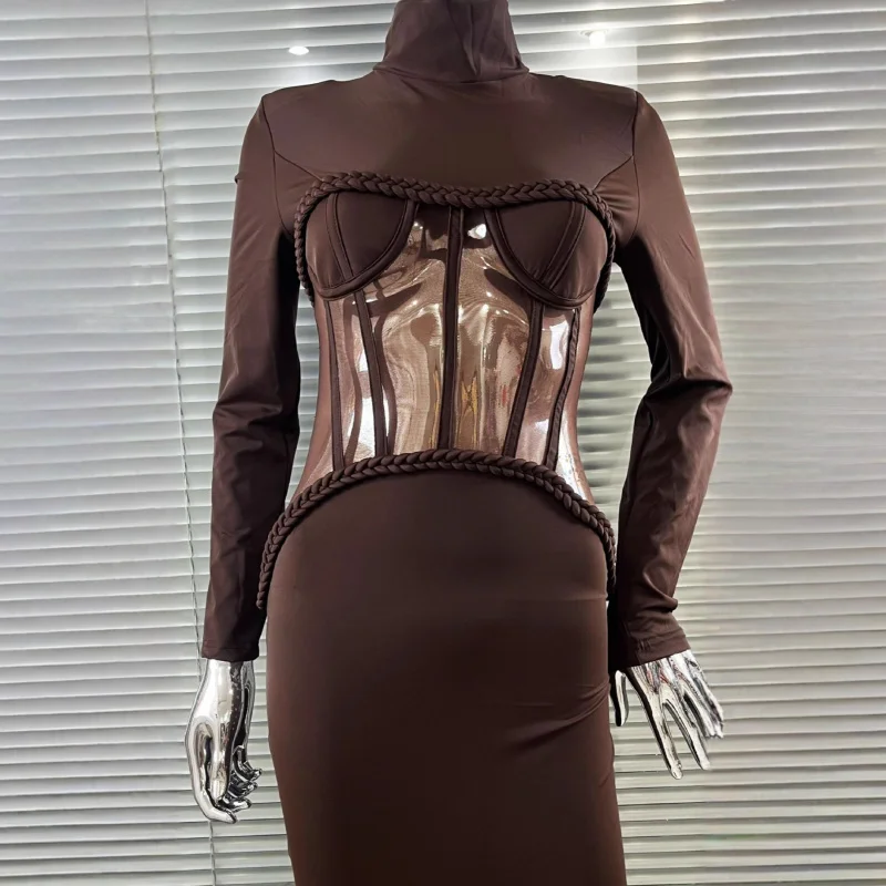 جديد وصول المرأة مثير شير سترة الخصر مقصوص Bodycon الكاكاو اللون ضمادة فستان بسيط أنيق حفلة ثوب مسائي