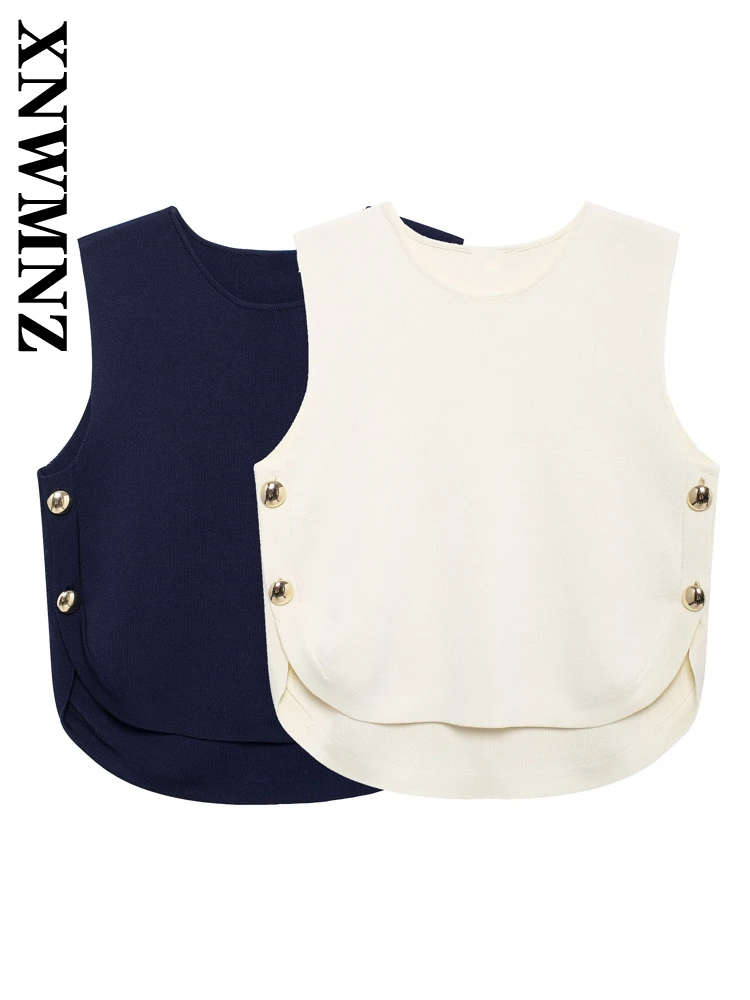 XNWMNZ Woman 2024 New Autumn Fashion Solid Color O-Collar Loose Fit Sweater Gilet Female Casual Sleeveless Knit Button Vest Top