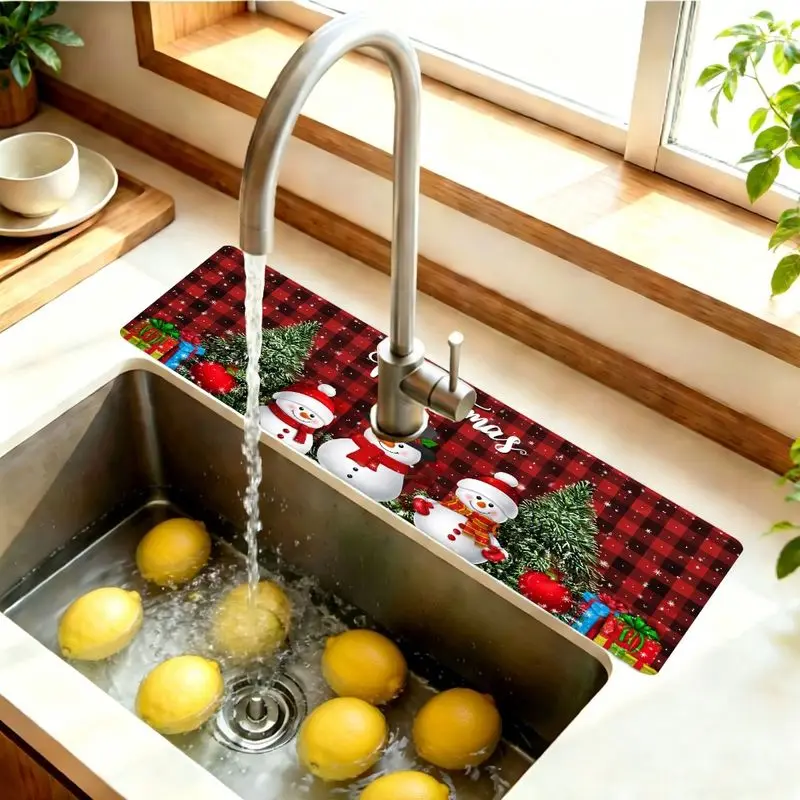 VIKAMA Buffalo Plaid Snowman Faucet Mat Christmas Tree Non Slip Absorbent Kitchen Sink Pad For Countertop Basin Xmas Decor