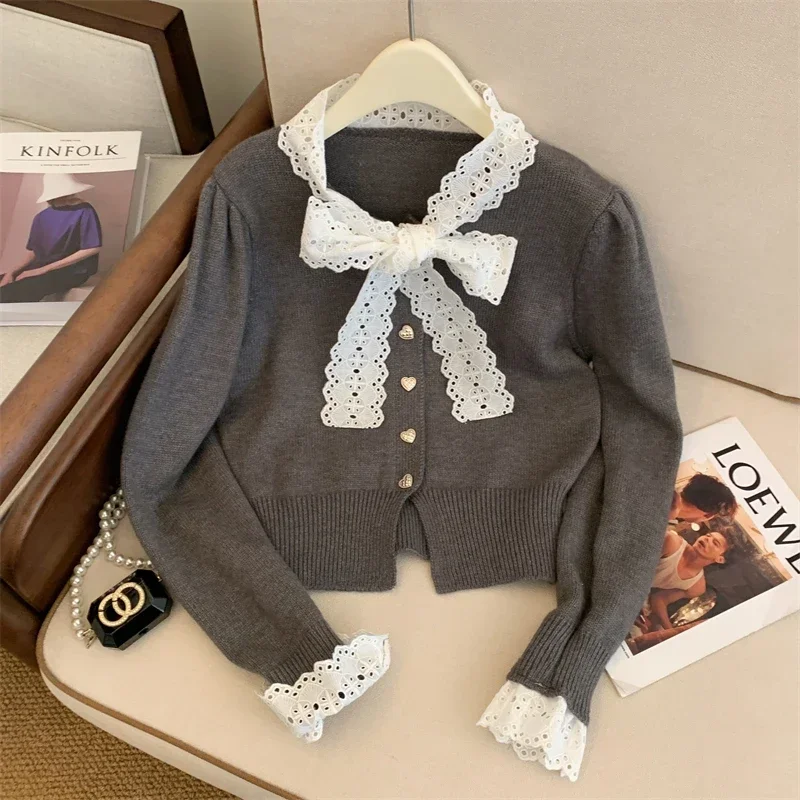 Christmas Party Red Sweater Autumn/Winter New Sweet Lace Bow Tie Love Button Long Sleeves Short Knitted Shirt Top Women