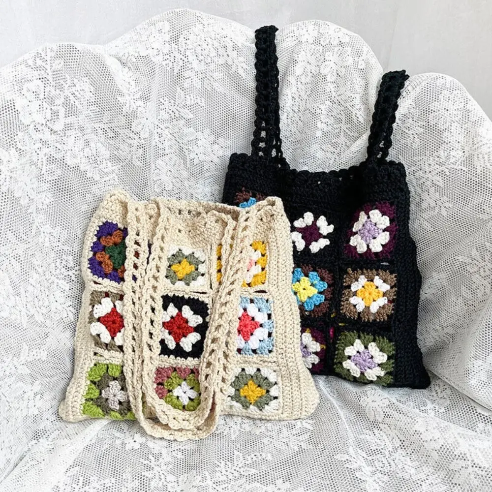 Handmade Crochet Weaving Grandmother Grid Shoulder Bag Leisure Mixed Color Flower Block Fashion Shoulder Bag