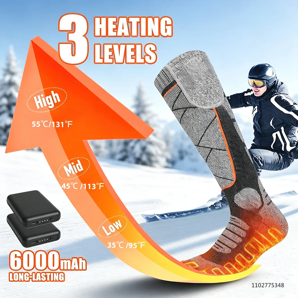 New Heated Socks Rechargeable 6000mah Electric Heated Skiing Socks Snowboarding Outdoor Sports Foot Warmer Winter Thermal Socks view 2